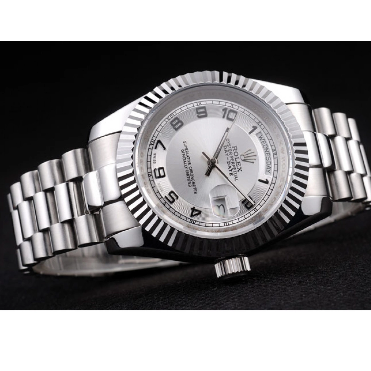 AAA replica watch Steel Dial Rolex Day-Date Polished White Stainless 0725